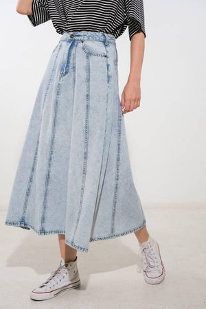 Light denim Urban Cowgirl midi skirt by Flying Tomato, featuring a classic jean style with a comfortable fit and midi length.