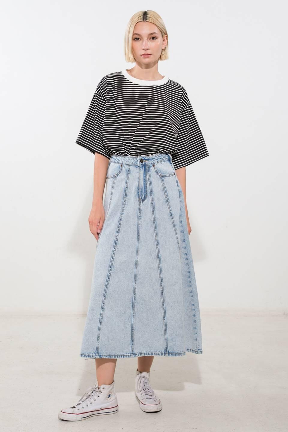 Light denim Urban Cowgirl midi skirt by Flying Tomato, featuring a classic denim design and mid-length fit.