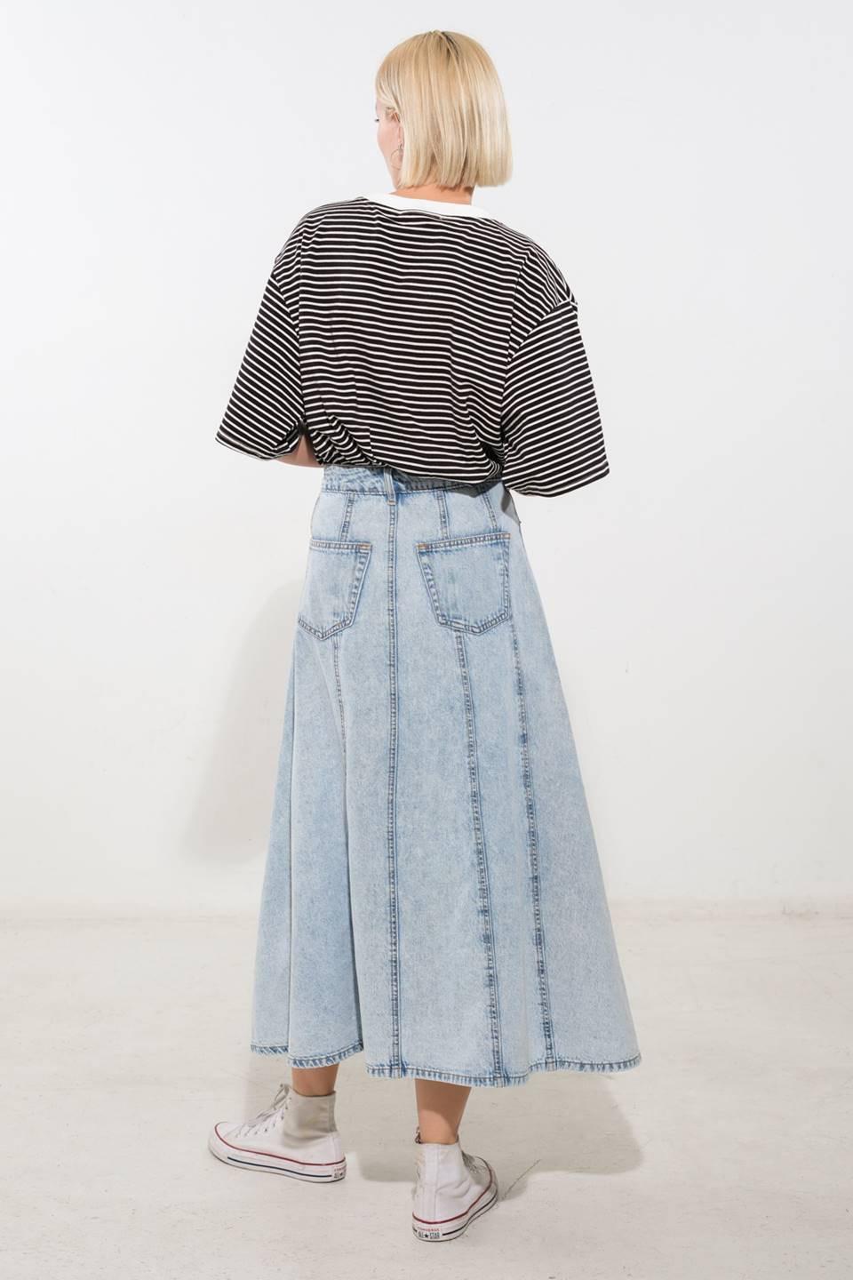 Light denim Urban Cowgirl midi skirt by Flying Tomato, featuring a classic denim design and midi length for casual style.