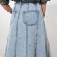 Light denim Urban Cowgirl midi skirt by Flying Tomato, featuring a classic denim design and a mid-length silhouette.