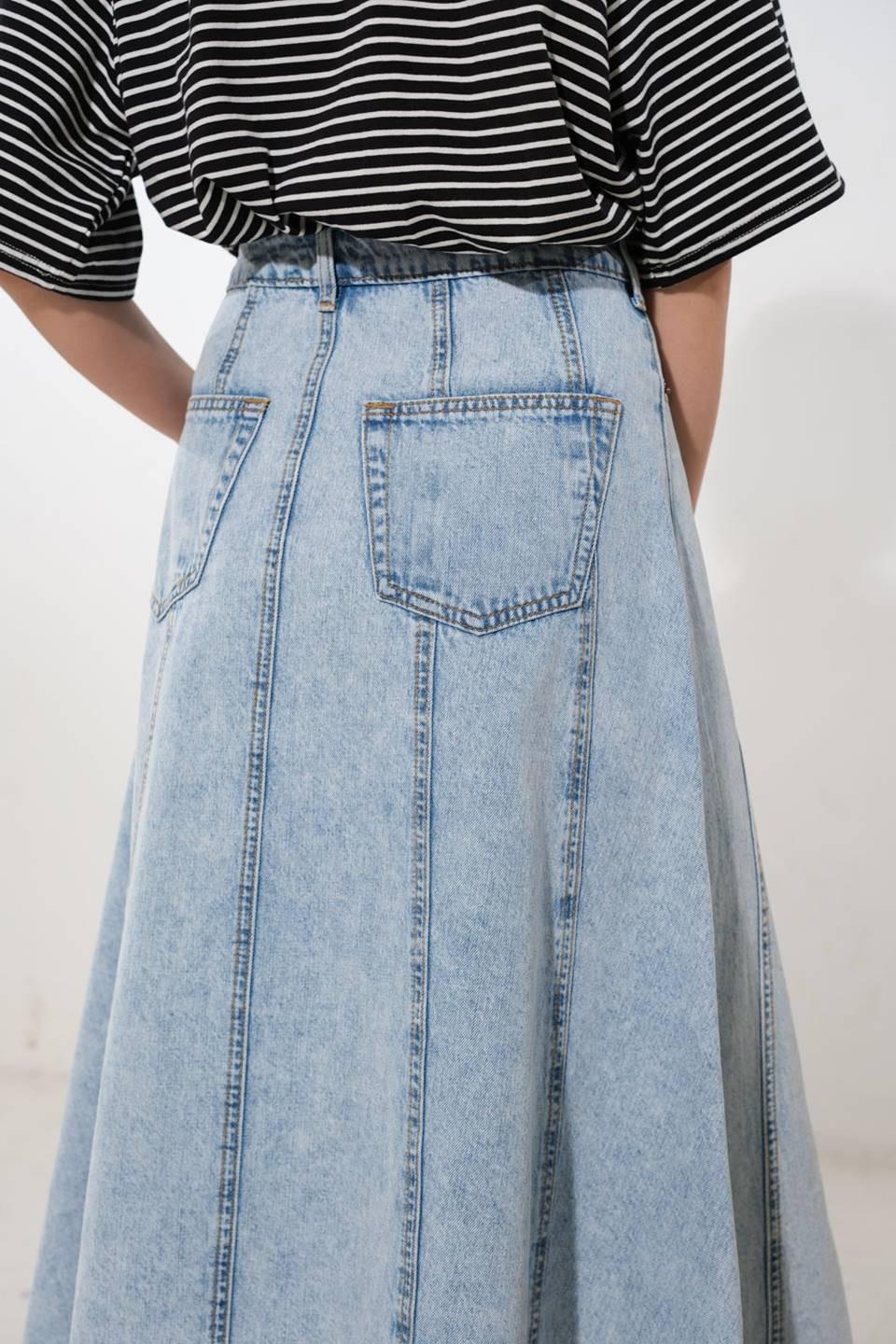 Light denim Urban Cowgirl midi skirt by Flying Tomato, featuring a classic denim design and a mid-length silhouette.