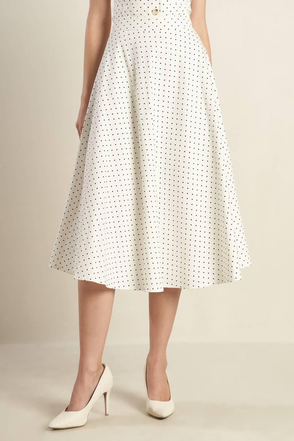 Flying Tomato Walk With Me woven midi skirt in white and black, featuring a stylish, flowy design and intricate woven fabric.