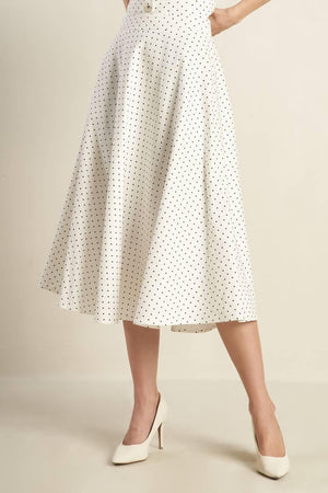 White and black woven midi skirt from Flying Tomato's Walk With Me collection, featuring a stylish and comfortable design.