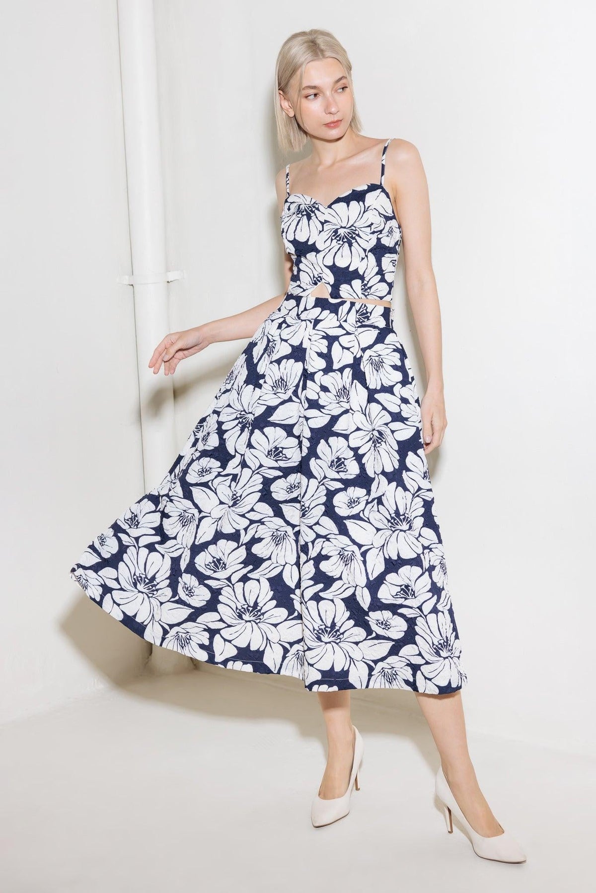 Navy woven midi skirt from Flying Tomato with a plain design, shown on a neutral background.