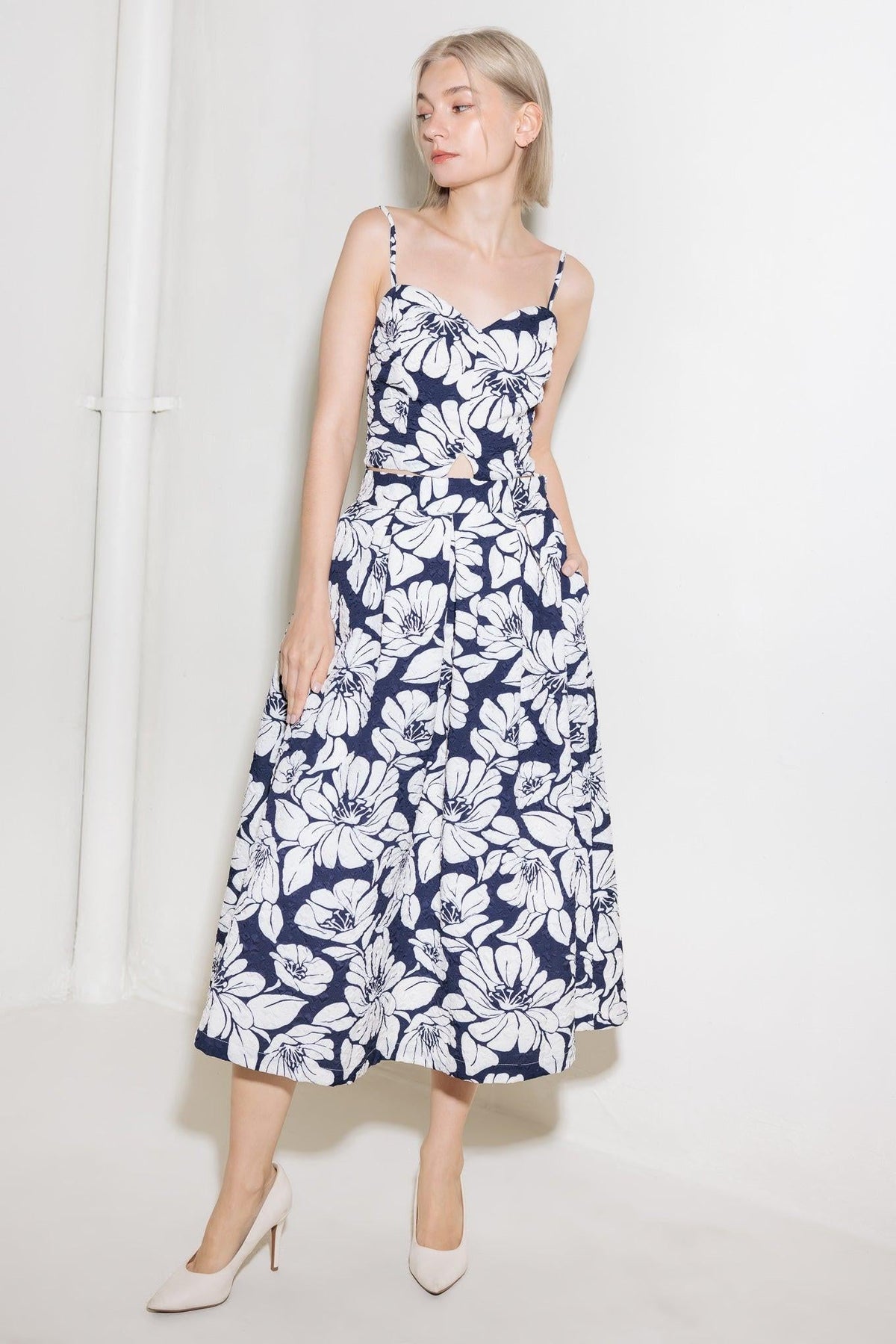Navy woven midi skirt from Flying Tomato featuring a plain design and a comfortable, stylish fit.