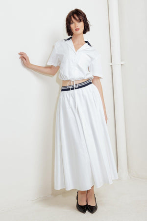 Flying Tomato Coastal Collar woven midi skirt in white, featuring a flowy, lightweight design with a stylish, relaxed fit.
