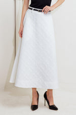 Flying Tomato Downtown Ease woven midi skirt in white, showcasing its relaxed fit and textured fabric.