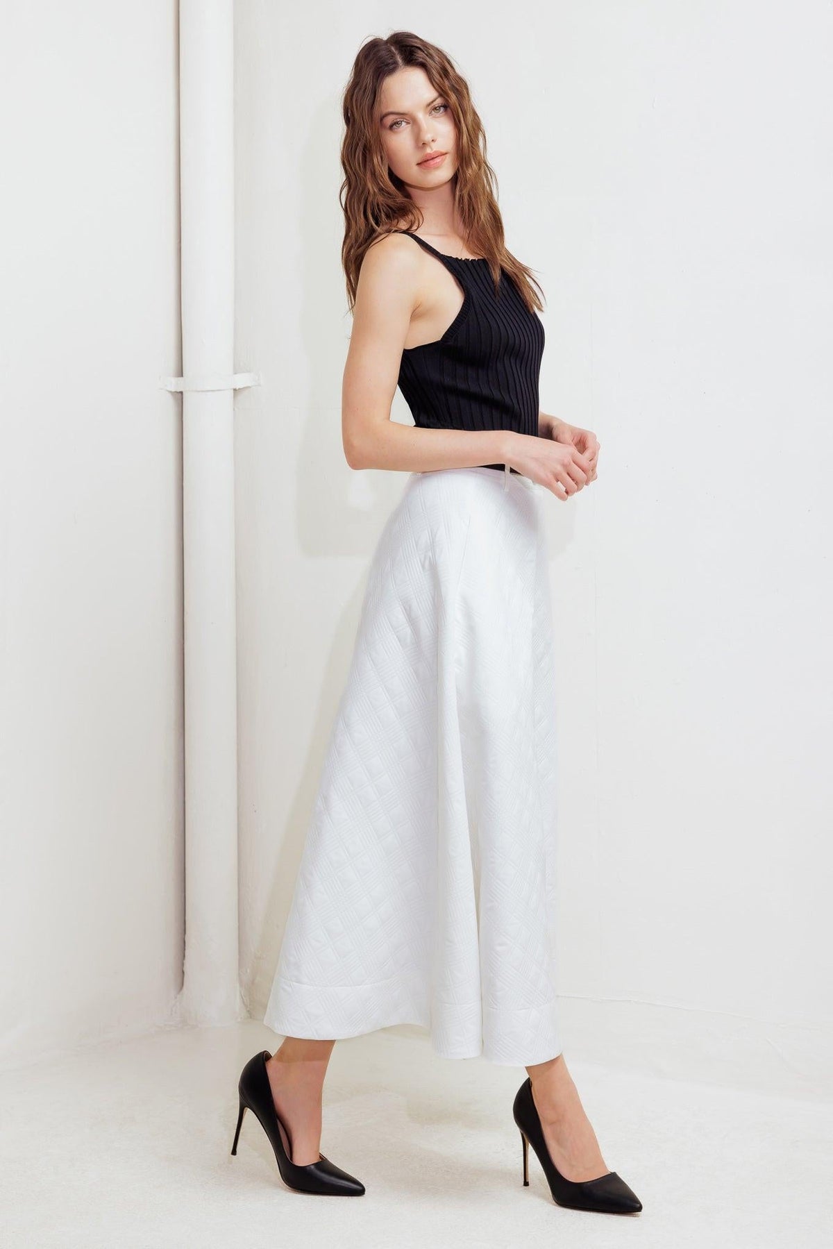 Flying Tomato Downtown Ease woven midi skirt in white, featuring a relaxed fit and stylish design, perfect for casual wear.