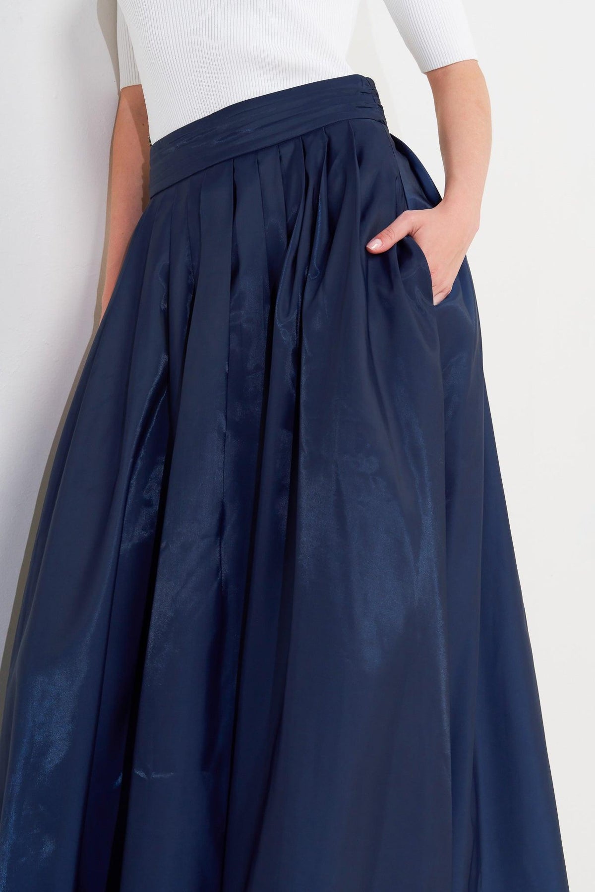 Navy blue Luxe Flare Woven Pleated Midi Skirt by Flying Tomato, featuring a flowing, pleated design and fashionable flare silhouette.