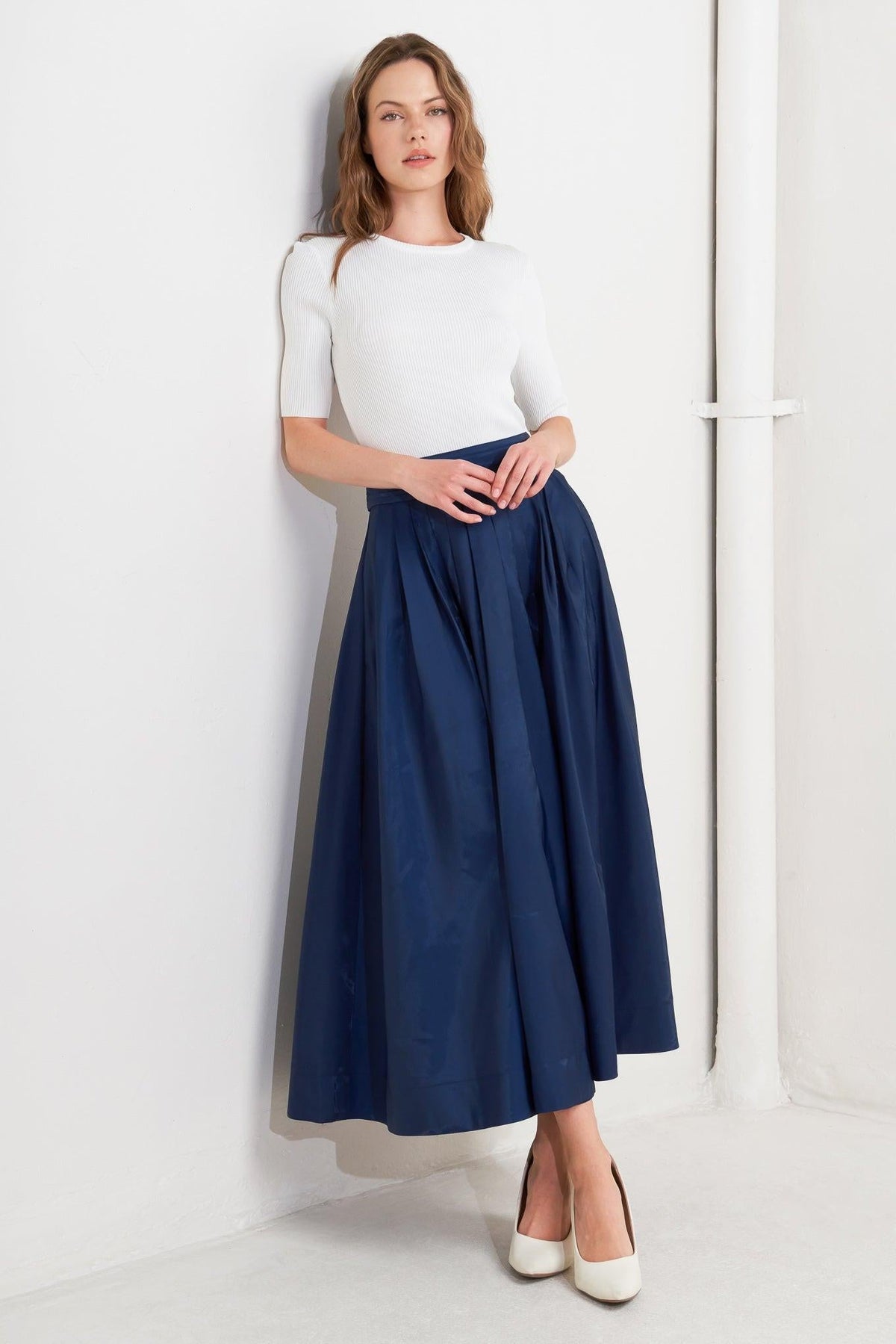 Navy blue Luxe Flare Woven Pleated Midi Skirt by Flying Tomato, featuring a flowing, pleated design and a flattering flare silhouette.