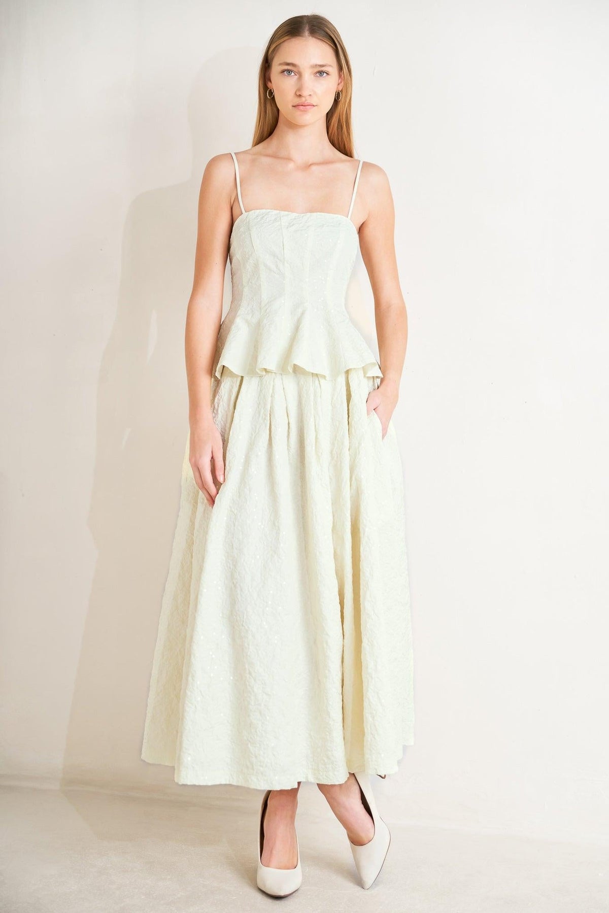 Flying Tomato Grand Entrance woven full skirt in ivory, featuring a flowing, textured design perfect for stylish everyday wear.