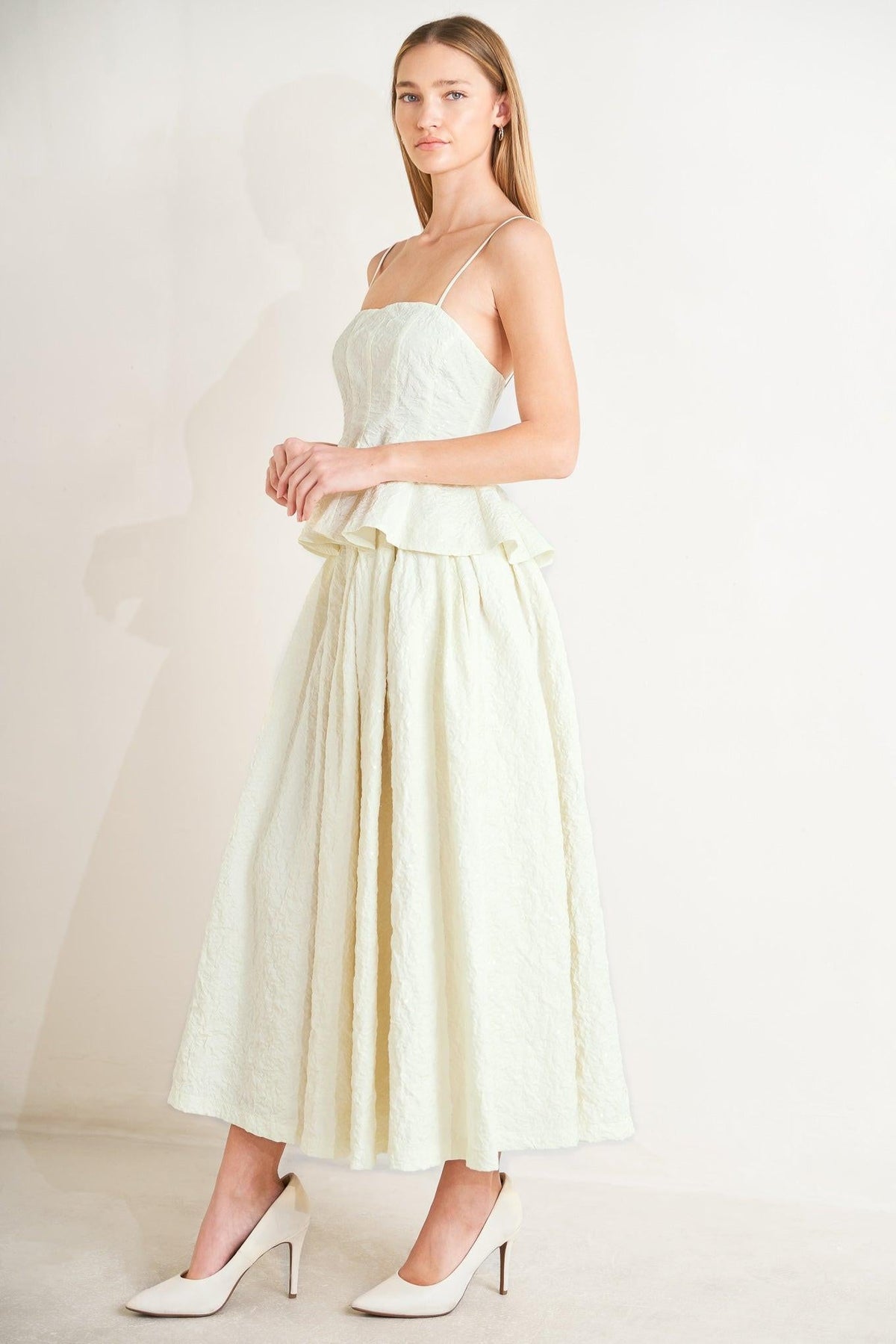 Flying Tomato GRAND ENTRANCE woven full skirt in ivory with a flowy design and intricate woven pattern.