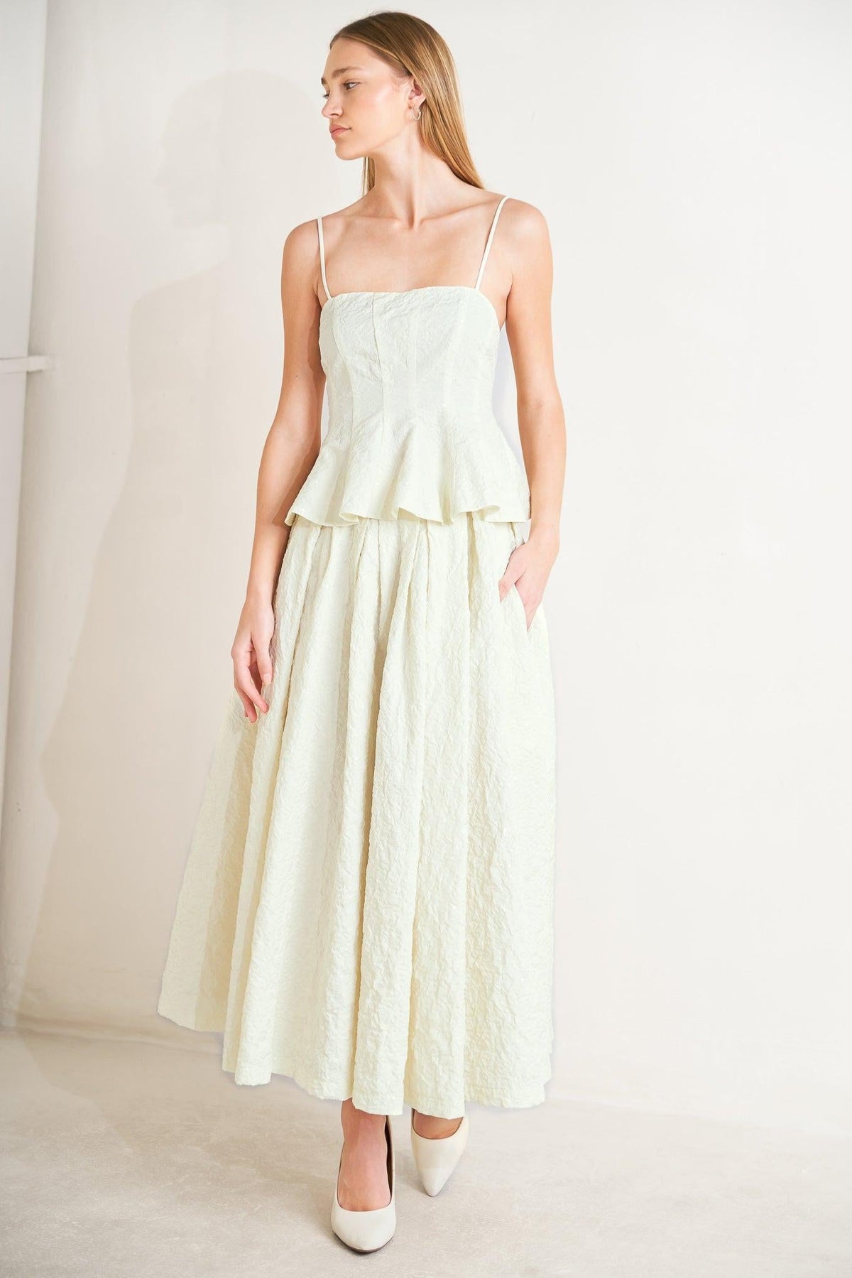 Ivory woven full skirt from Flying Tomato's Grand Entrance collection, featuring a flowing, textured fabric design.