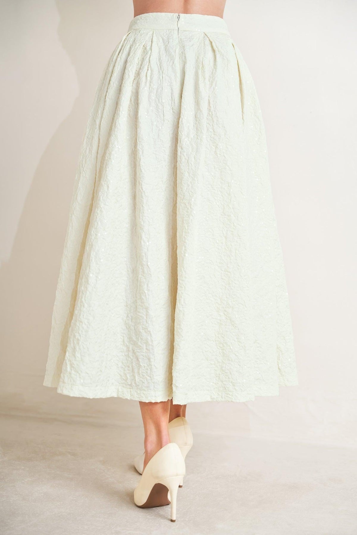 Flying Tomato GRAND ENTRANCE woven full skirt in ivory, showing a flowing, textured fabric with a full, gathered design.