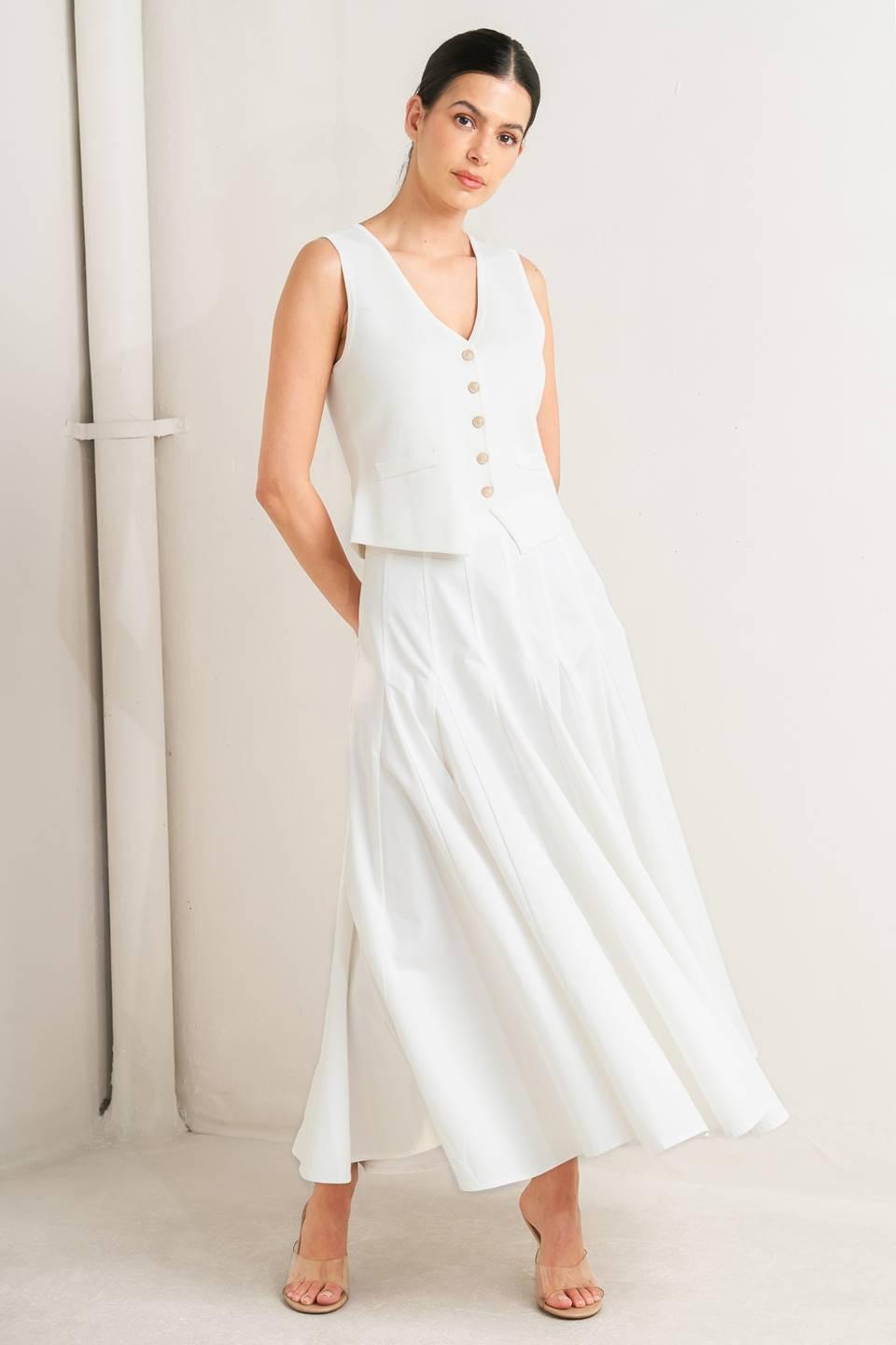 White woven circle skirt by Flying Tomato with a pale frame design, displayed flat with textured fabric details.