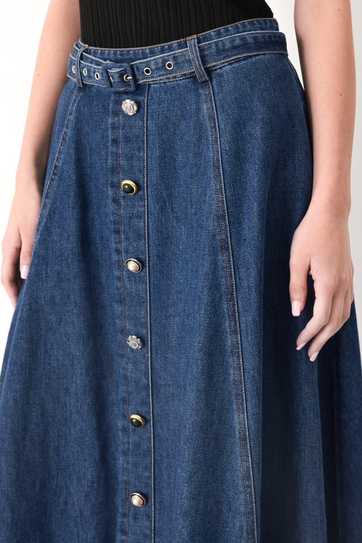 Flying Tomato Sweet Talker denim circle midi skirt in indigo, showing the high-waisted design and circular denim pattern.