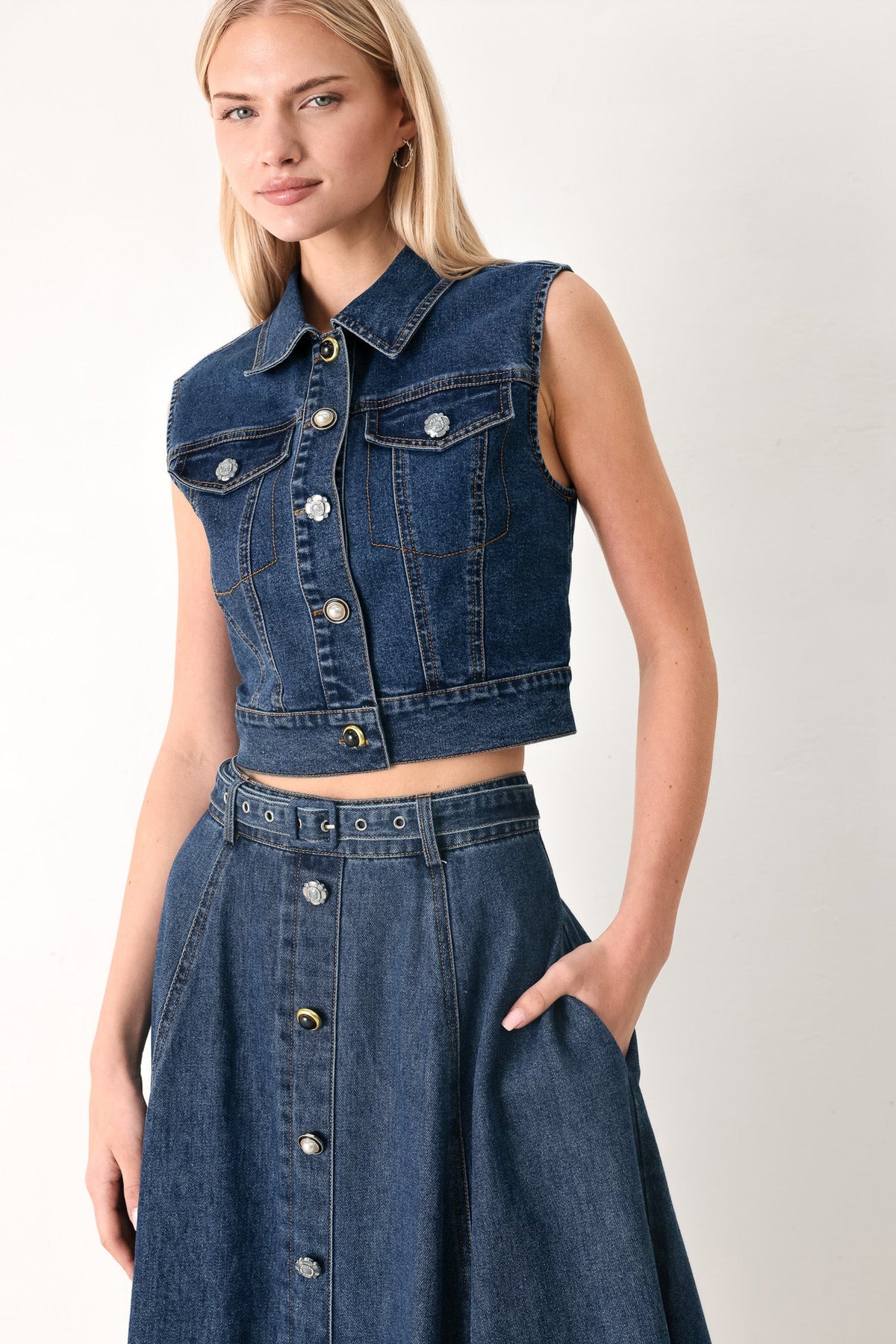 Flying Tomato Sweet Talker denim circle midi skirt in indigo, featuring a stylish high-waist design and circular denim pattern.