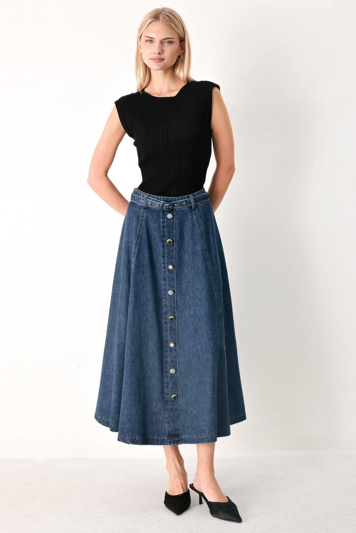 Flying Tomato Sweet Talker denim circle midi skirt in indigo, featuring a stylish high-waisted design and unique circular hem.