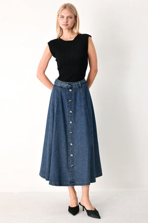 Flying Tomato Sweet Talker denim circle midi skirt in indigo, featuring a stylish high-waisted design and unique circular hem.
