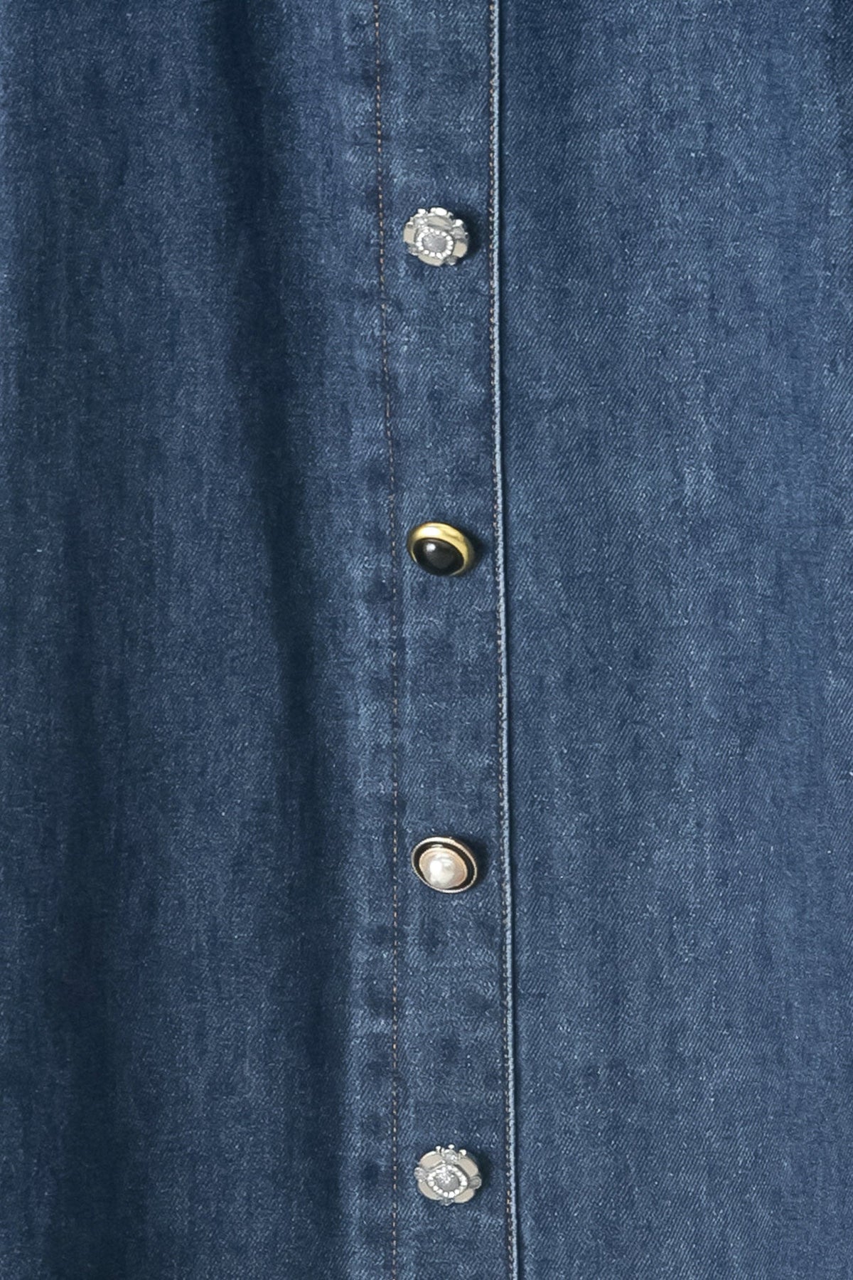 Flying Tomato Sweet Talker denim circle midi skirt in indigo with a high waist and flowing design, shown on a model.