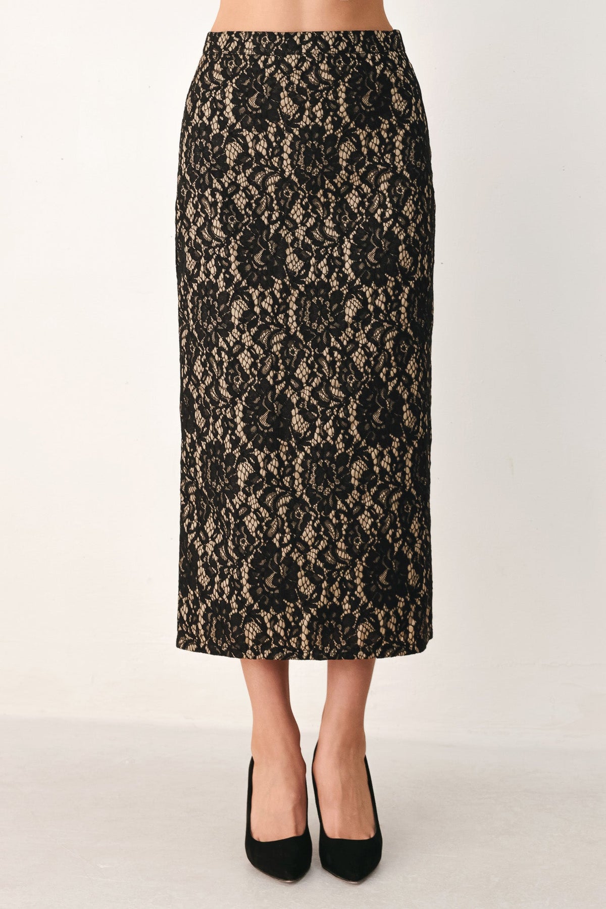 Black lace pencil midi skirt from Flying Tomato featuring intricate lace details and a fitted silhouette.