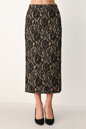 Black lace pencil midi skirt from Flying Tomato featuring intricate lace details and a fitted silhouette.