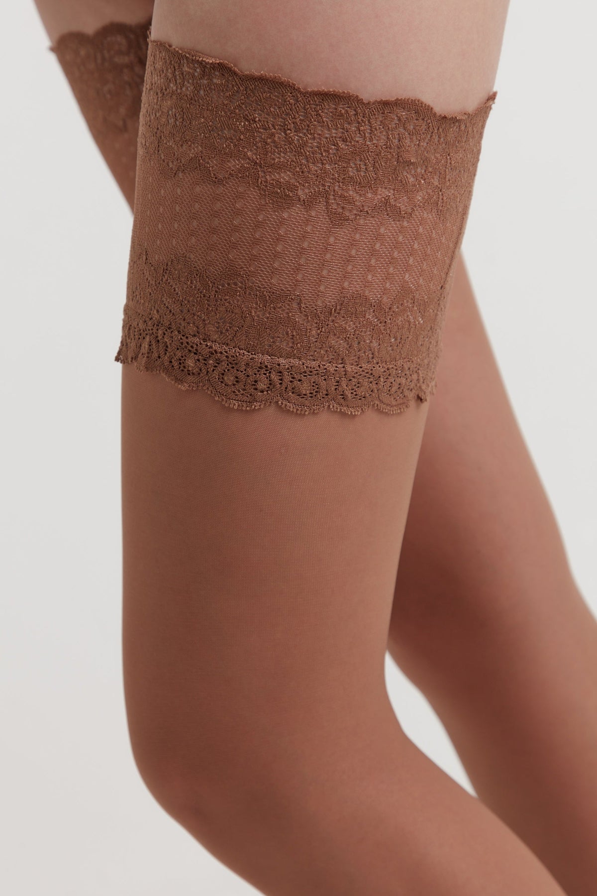 Conte Flame women's stockings with silicone lace top in bronze, shown in product image