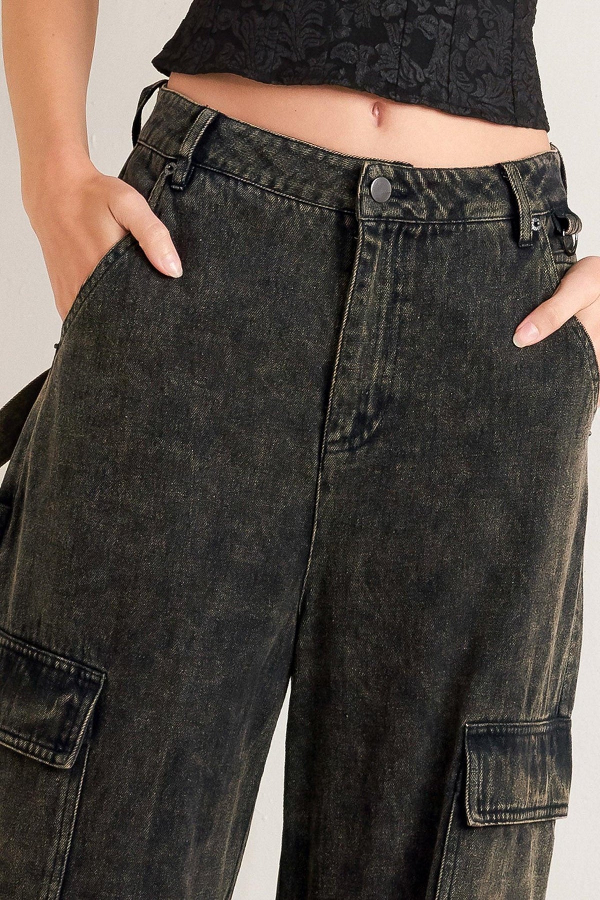 Black Flying Tomato Can't Blame Me Gargo Denim Pants laid flat, showing classic fit and detailed stitching.
