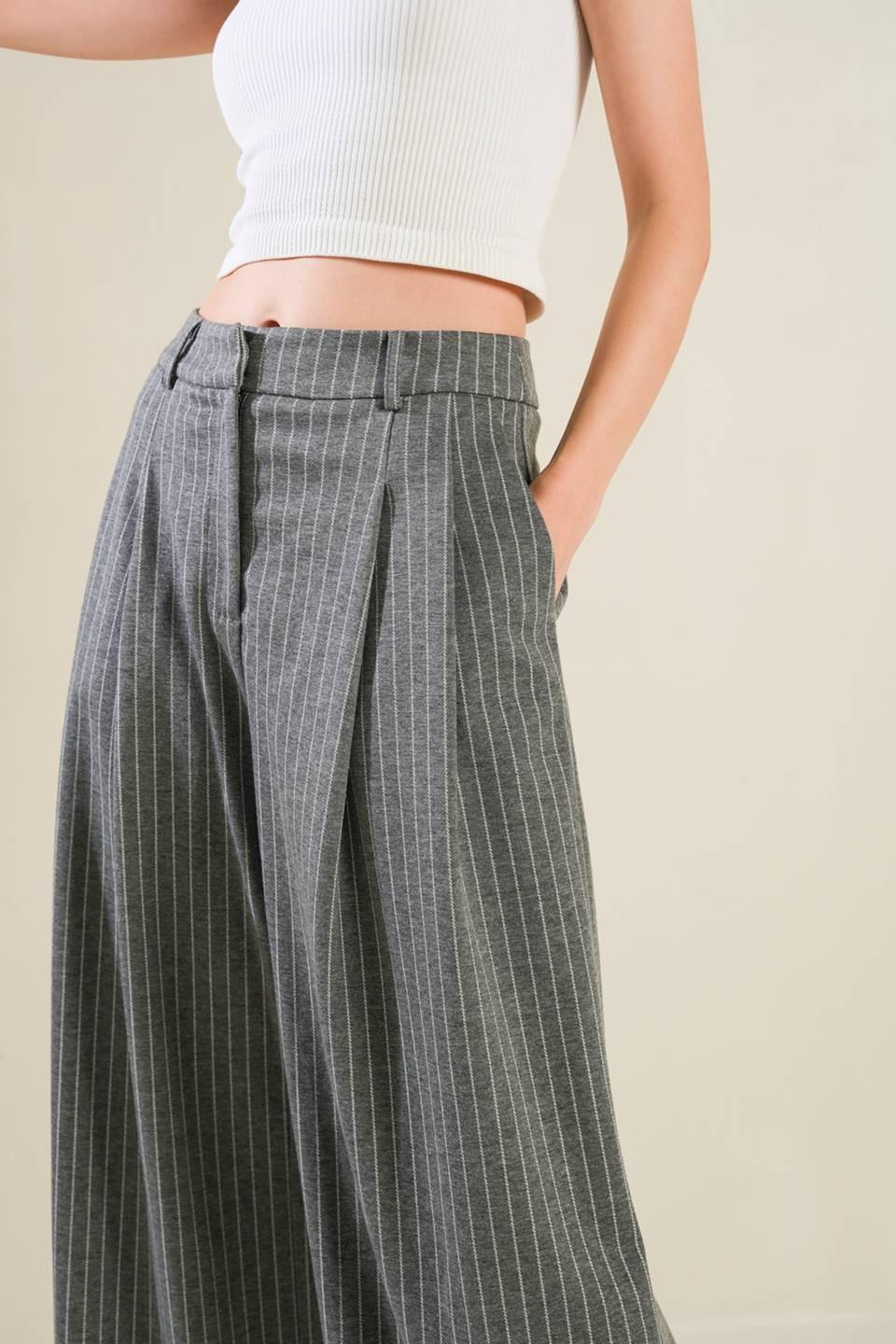 Flying Tomato Wanna Be Loved woven pants in grey and white with a relaxed fit, showcasing their soft, stylish fabric and design.