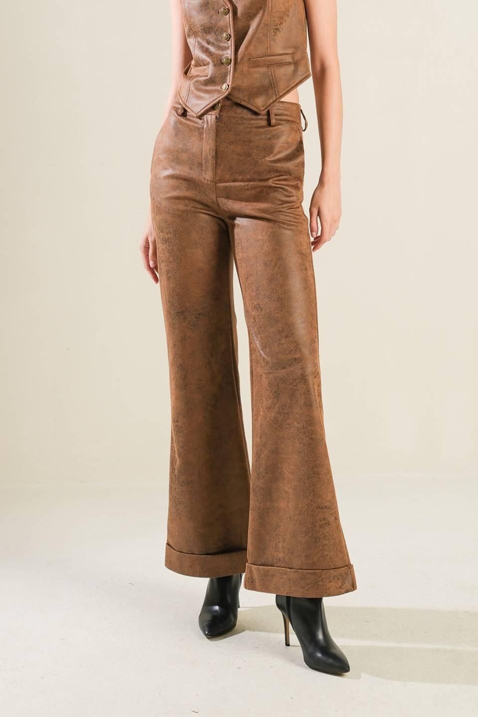 Brown leather pants from Flying Tomato's Gift From Love collection, featuring a stylish, fitted design.