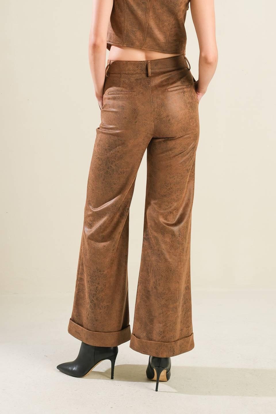 Flying Tomato gift from love leather pants in brown, stylish pants with a sleek leather finish, designed for a fashionable look.
