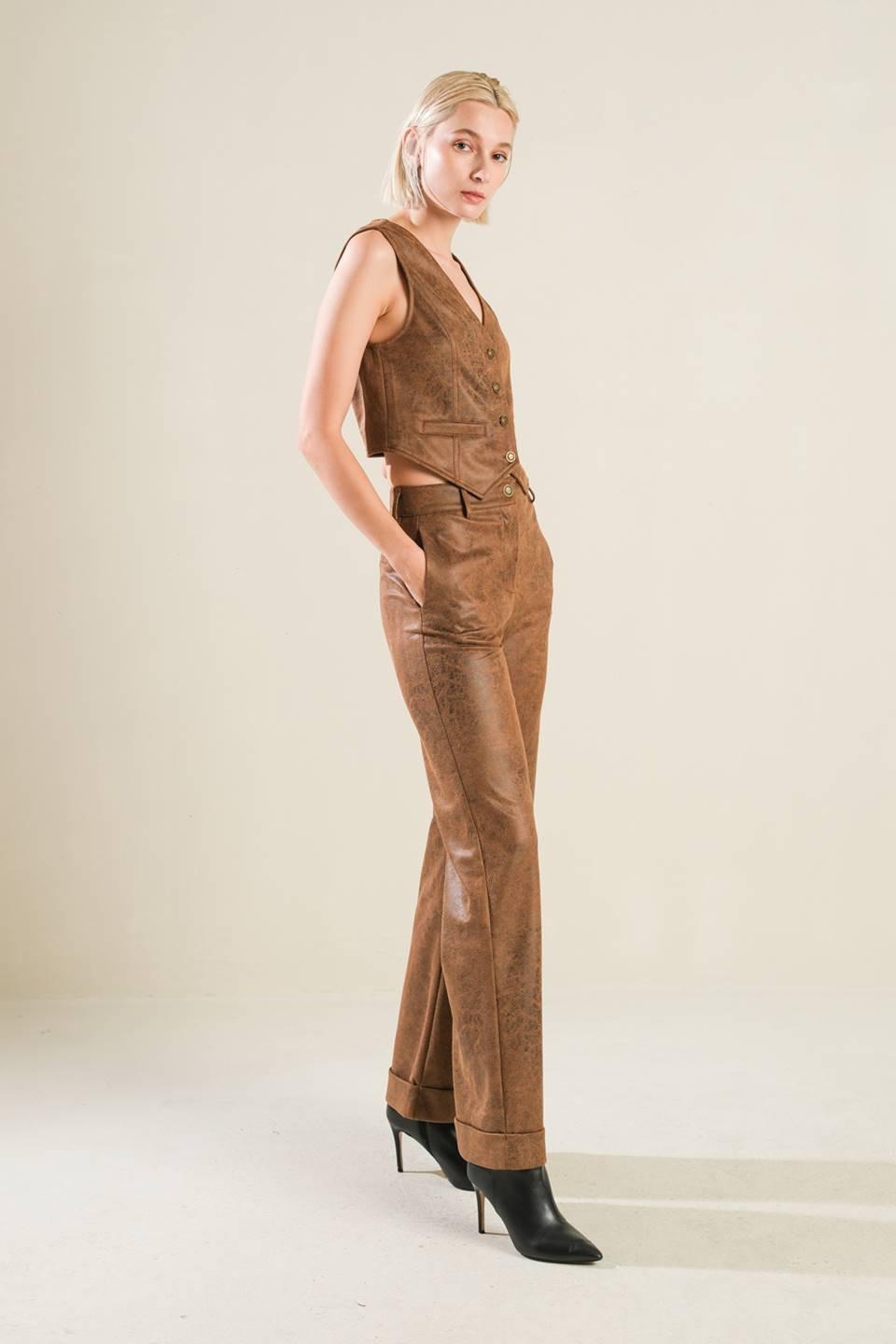 Brown leather pants from Flying Tomato's Gift from Love collection, featuring a stylish, fitted design.
