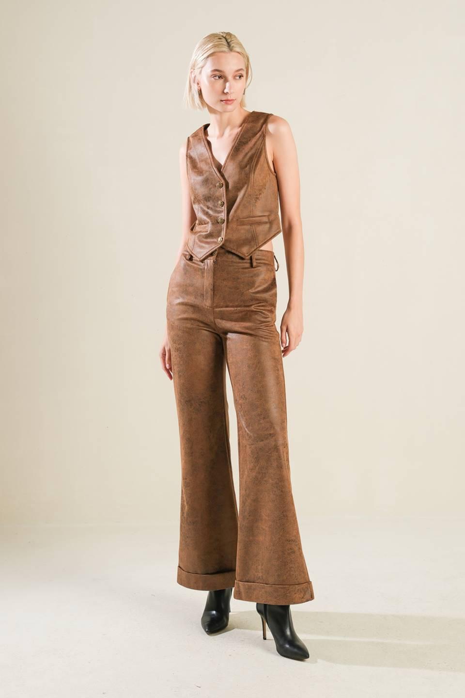 Brown leather pants from Flying Tomato, stylish gift from love, featuring a sleek fit and smooth texture.