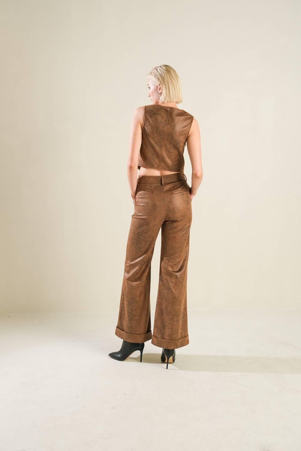 Flying Tomato gift from love leather pants in brown, stylish and fitted pants with a sleek leather finish.