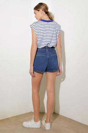 Flying Tomato denim skort shorts with front pockets and distressed details, casual summer style.