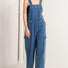 Flying Tomato Let Me Talk denim cargo jumpsuit in medium indigo, featuring a relaxed fit with multiple cargo pockets and adjustable straps.