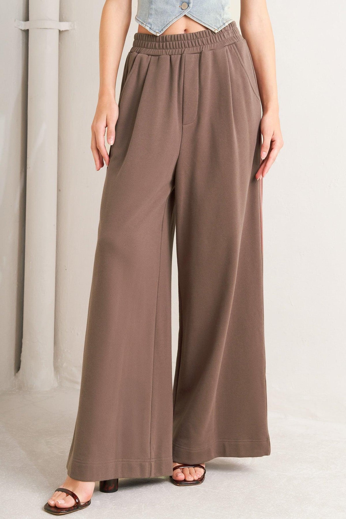 Flying Tomato In Too Deep Knit Pants in brown, soft and cozy knit fabric, shown laid flat with waistband and full length.