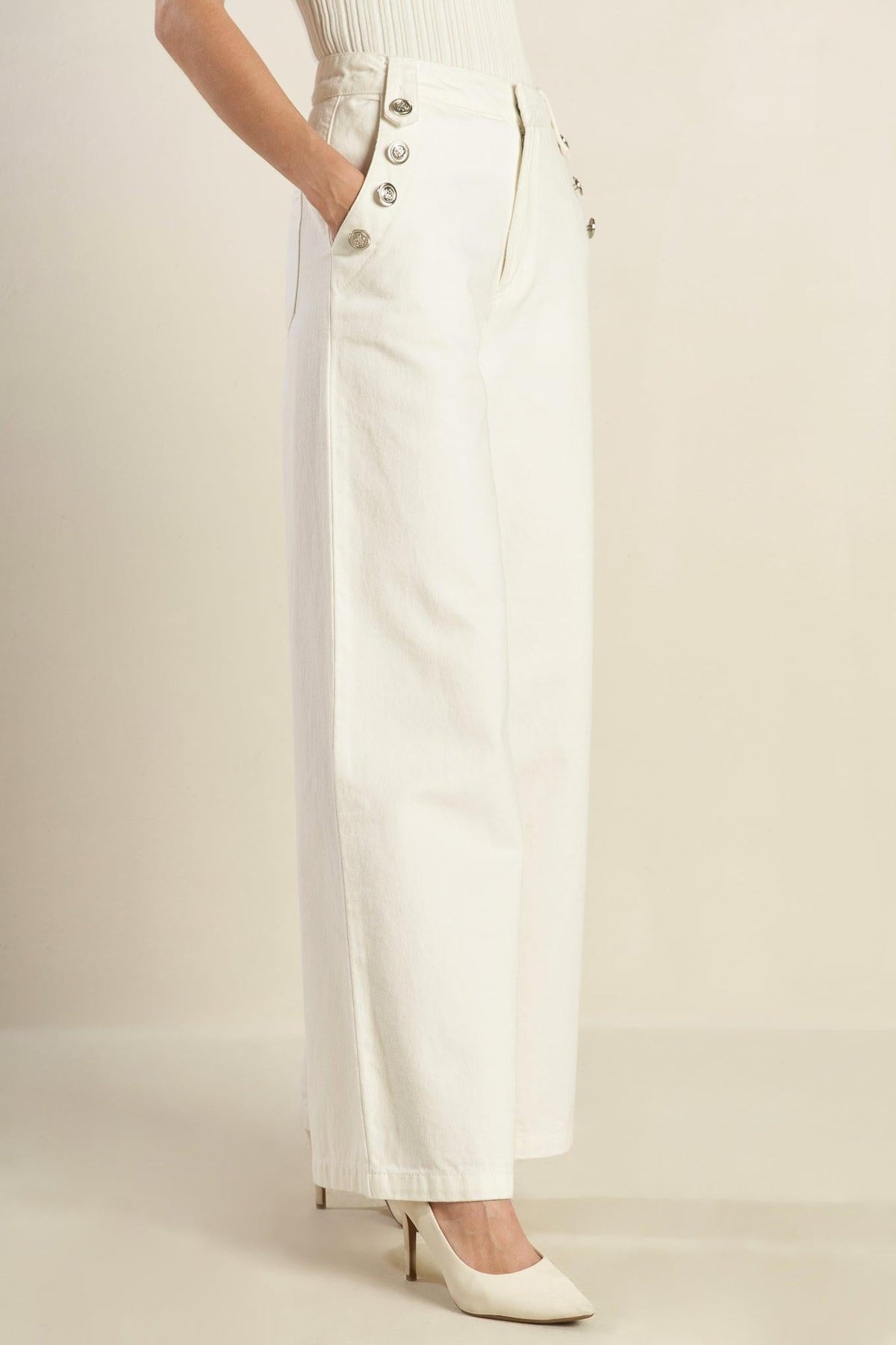 Flying Tomato Delicate Hue Woven Pants in white, featuring lightweight, textured fabric with a relaxed fit and stylish design.