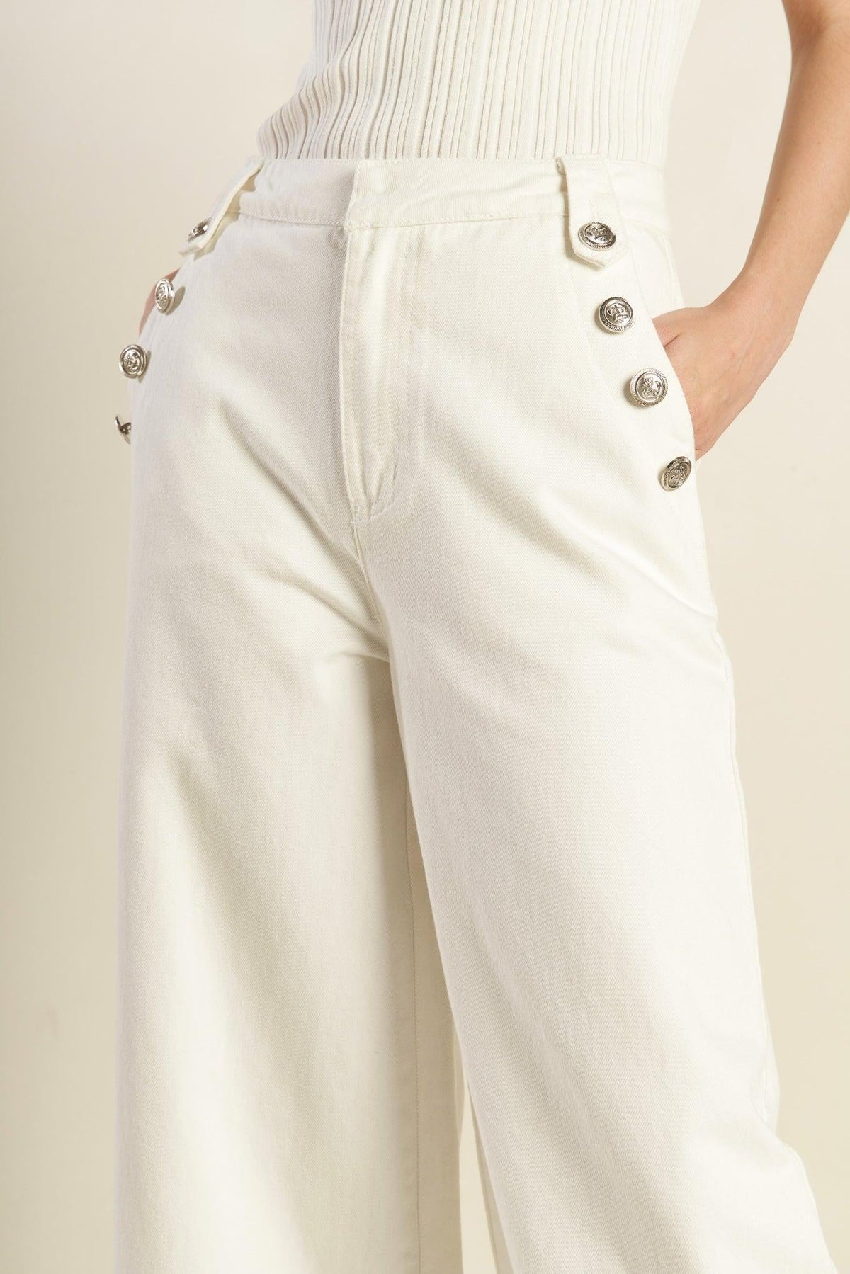 Flying Tomato delicate hue woven pants in white, featuring a relaxed fit and textured fabric for casual, stylish wear.