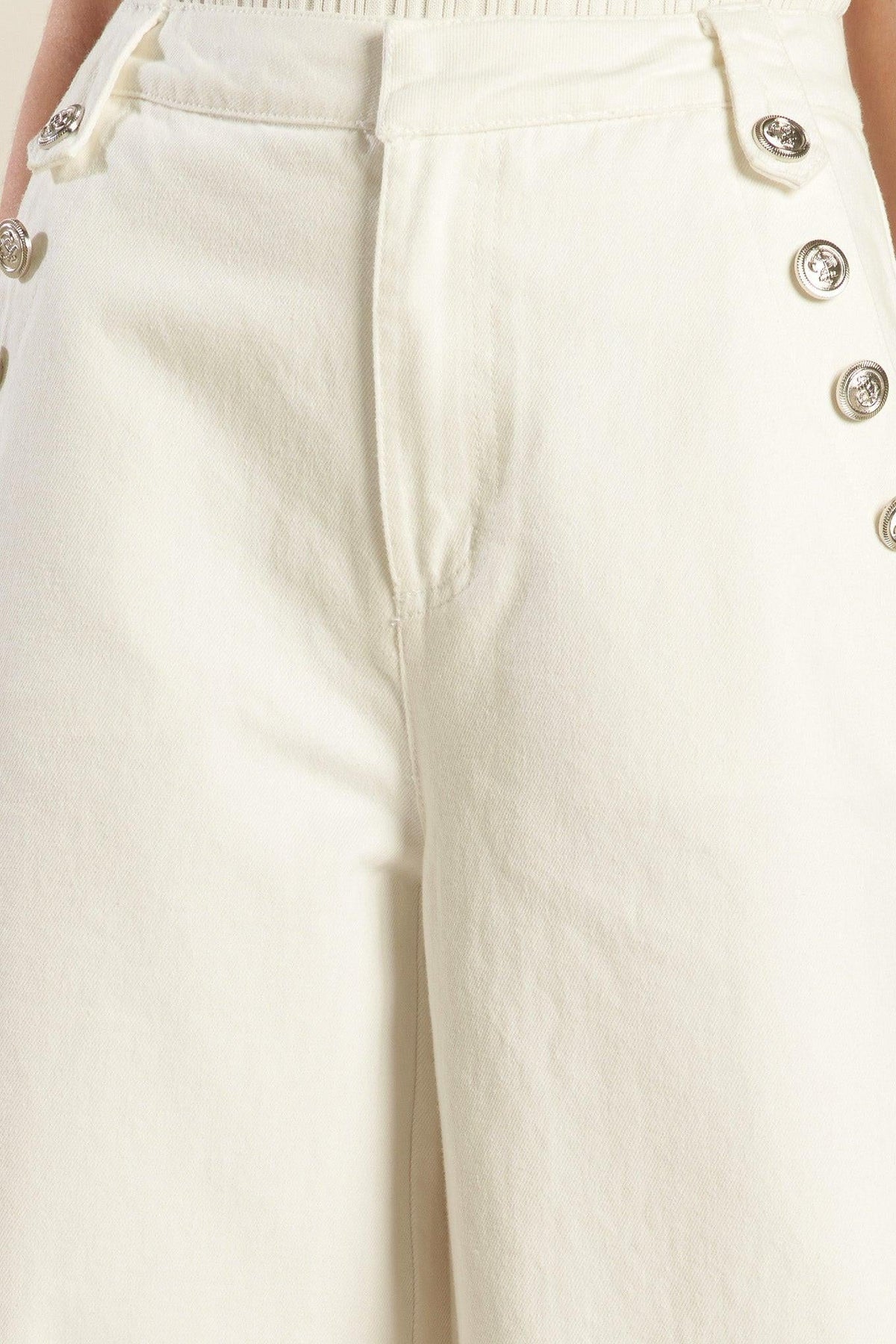 White Delicate Hue Woven Pants by Flying Tomato, lightweight and stylish pants shown on a model.