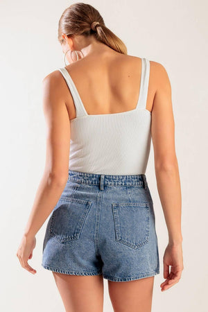 Flying Tomato denim skort shorts in blue, featuring a stylish design with a button and zipper closure, casual summer wear.