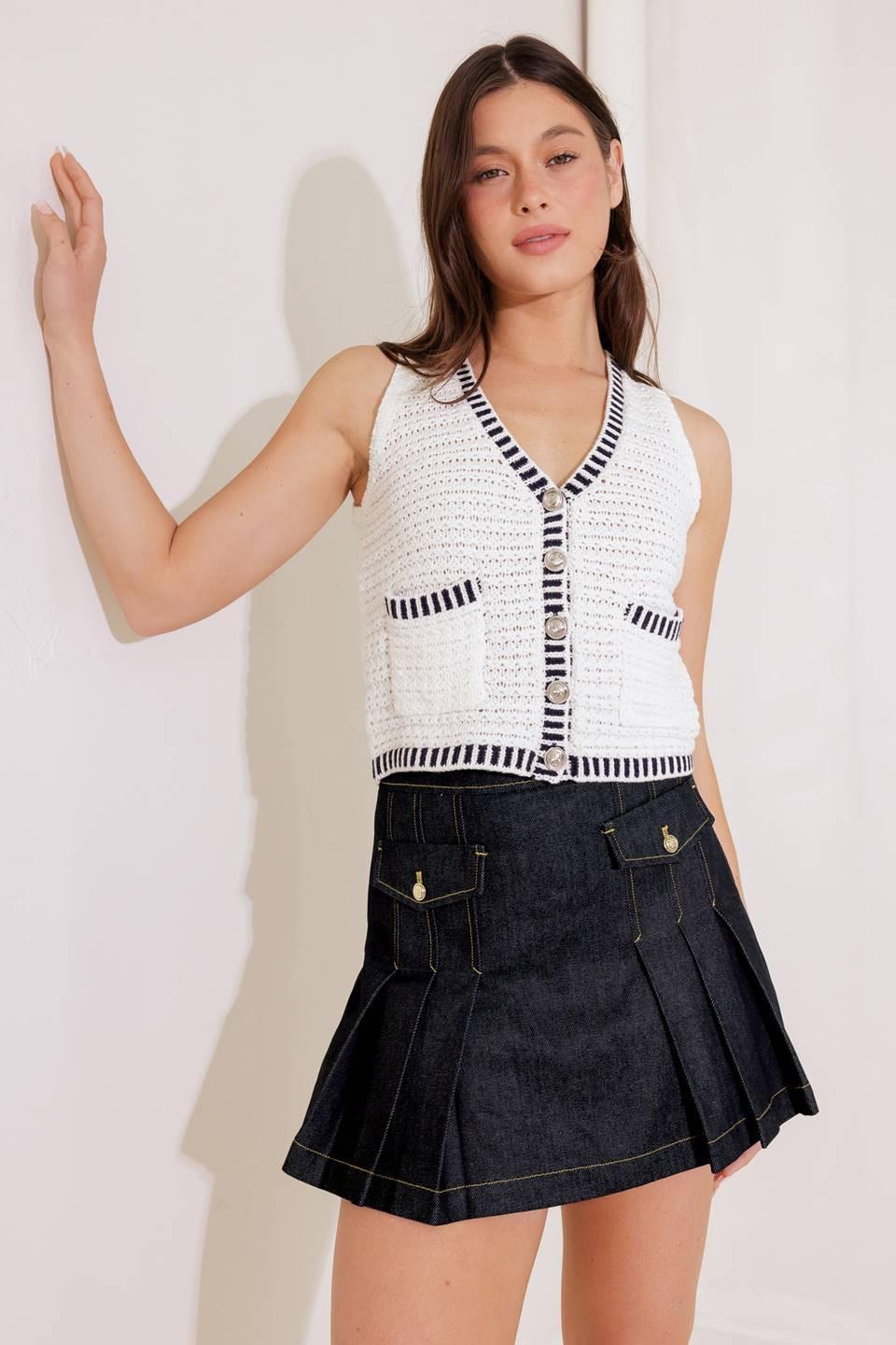 Flying Tomato indigo denim skort, casual shorts with front pockets and button closure, laid flat on a white background.