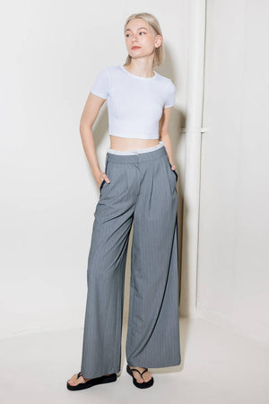 Flying Tomato smile bright grey woven pants, stylish and comfortable casual pants, front view showing waistband and fabric texture.