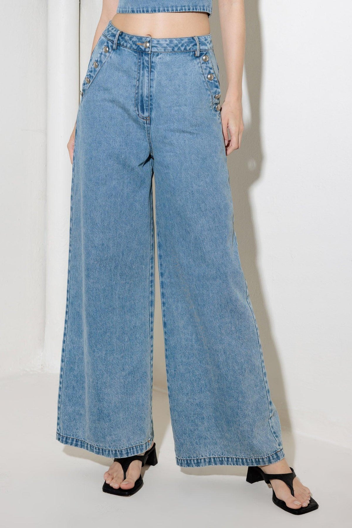 Light indigo Flying Tomato Ever So Sweet denim pants with classic five-pocket design and relaxed fit.