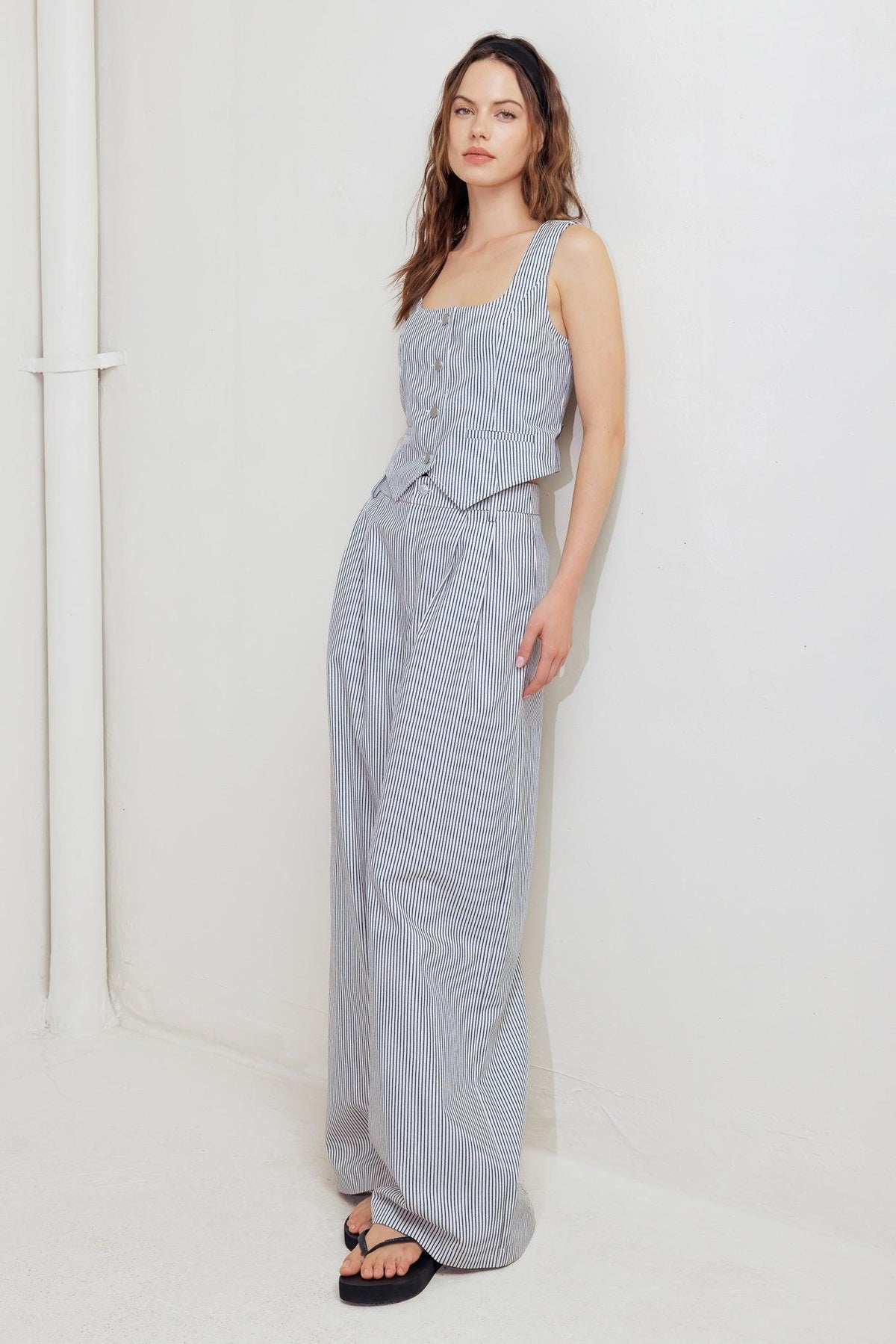Flying Tomato Coastal Chic woven pants in white and navy, showing relaxed fit and detailed woven fabric.