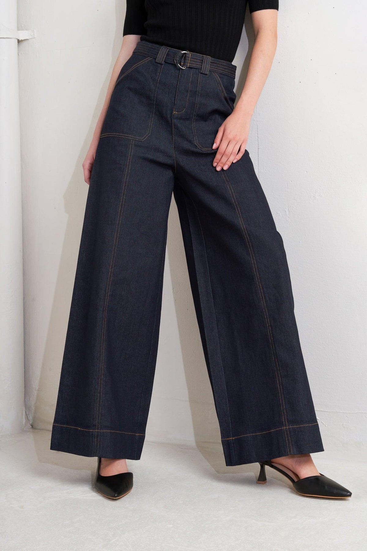 Flying Tomato Urban Panel Denim Pants in dark denim, stylish casual pants with panel design and classic fit.