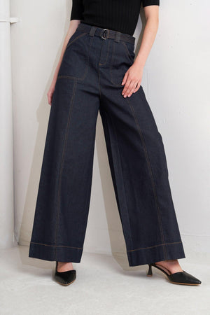 Flying Tomato Urban Panel Denim Pants in dark denim, stylish casual pants with panel design and classic fit.