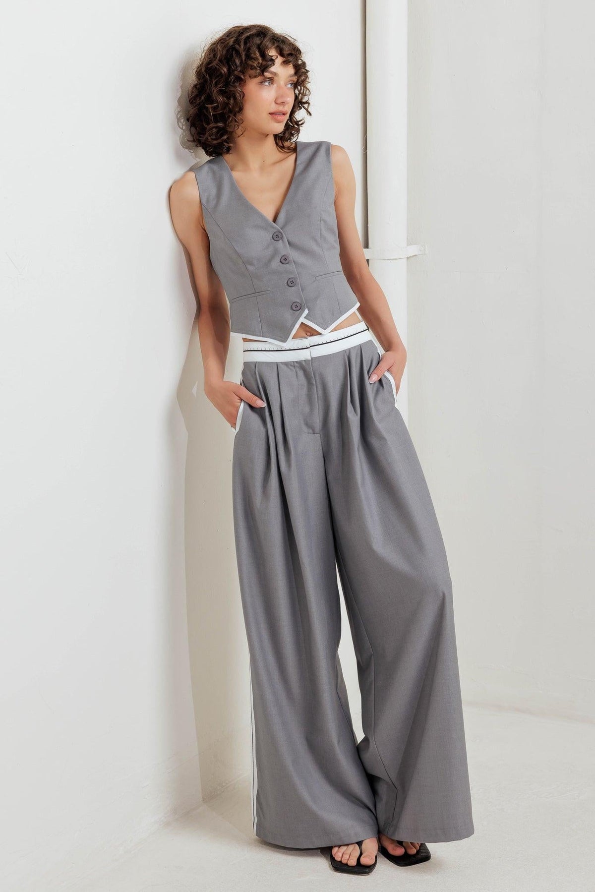 Flying Tomato Power Lines woven pants in grey and white, featuring a comfortable, stylish design with intricate woven patterns.
