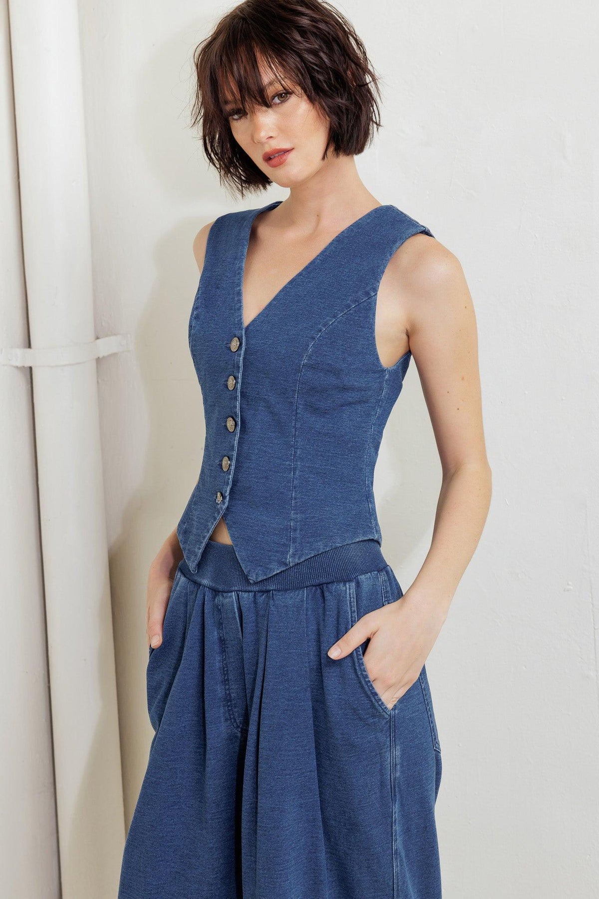 Flying Tomato urban indigo French terry denim pants with relaxed fit and casual style, shown on a model.