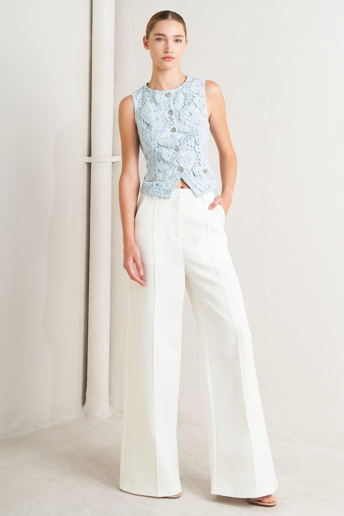 Flying Tomato Bright Moments woven pants in white with a relaxed fit, featuring textured fabric and wide-leg style.